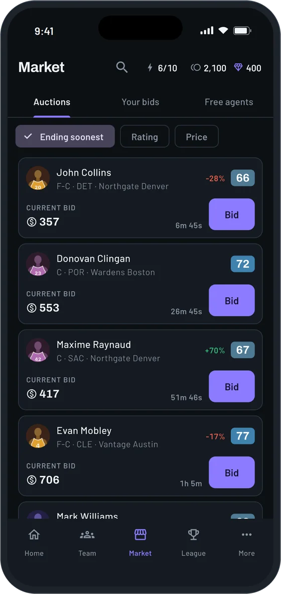 The market screen with live auctions, current bids and time left