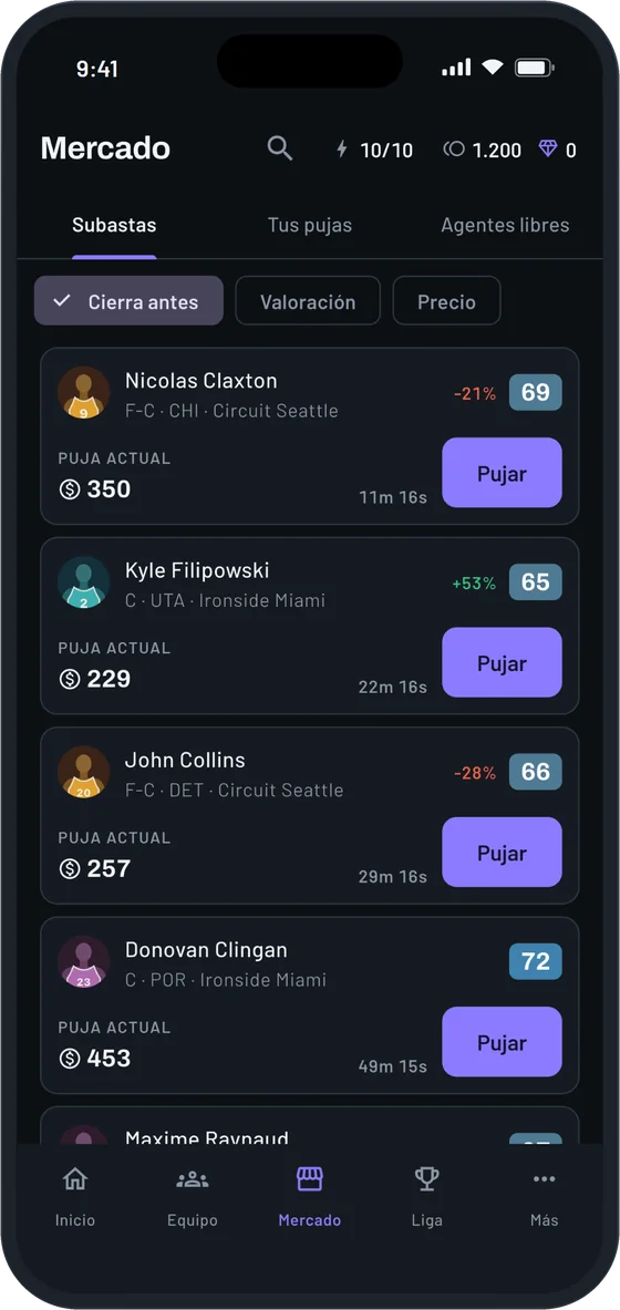 La pantalla del mercado con subastas en directo, pujas actuales y tiempo restante